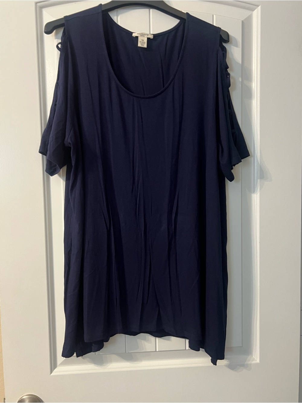 Westbound Navy Cold-Shoulder Scoop Neck Top